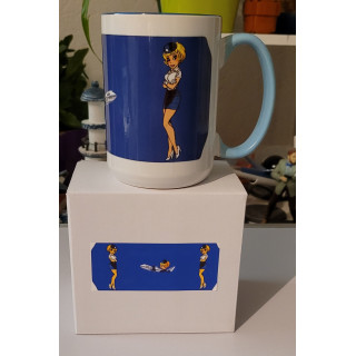 Mug Natacha hotesse de l'air fond bleu avec logo Bardaff en céramique