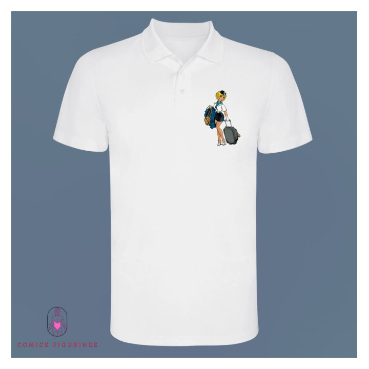 Polo Blanc Manches courtes Natacha hotesse de l'air embarquement avec valise