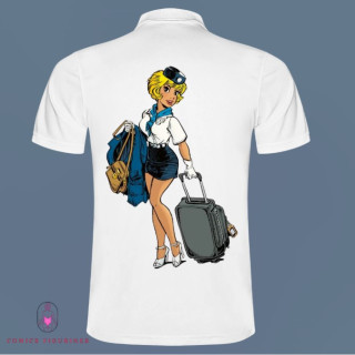 Polo Blanc Manches courtes Natacha hotesse de l'air embarquement avec valise