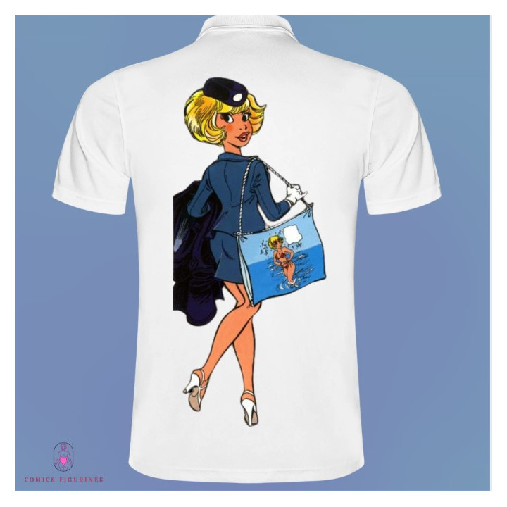 Polo Blanc Manches courtes Natacha hotesse de l'air embarquement avec sac