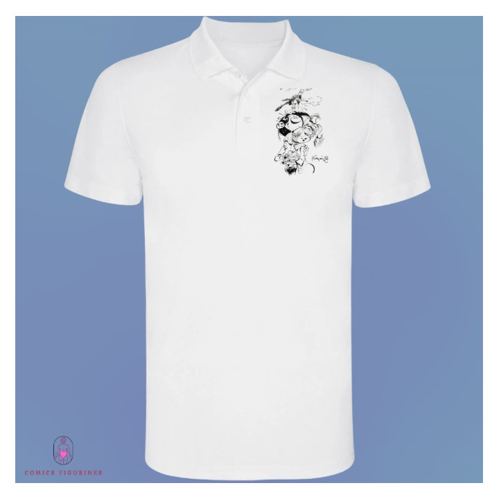 Polo Blanc Manches courtes Mademoiselle Jeanne avec Gaston Lagaffe et la Mouette Rieuse